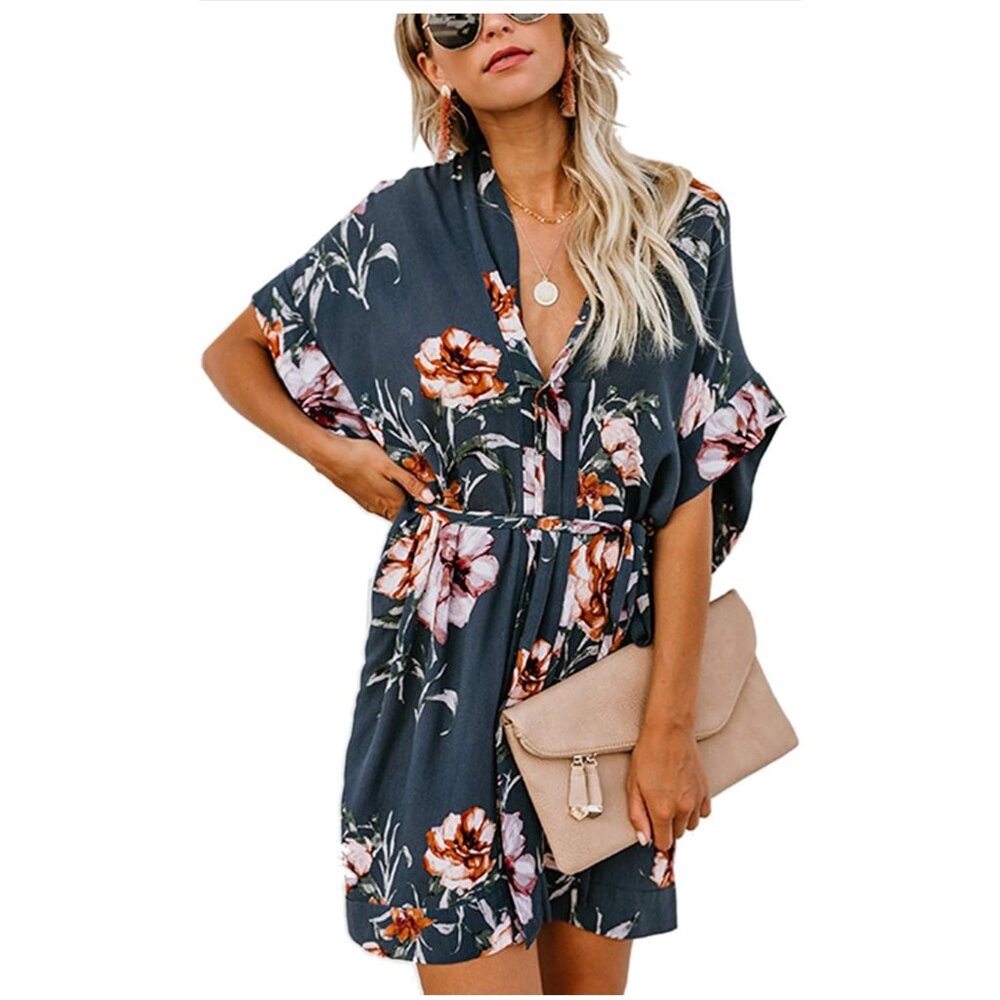 🍒 2/$20 🍒 V-Neck Short Sleeve Batwing Dress with Belt, Gray,Floral Design Med